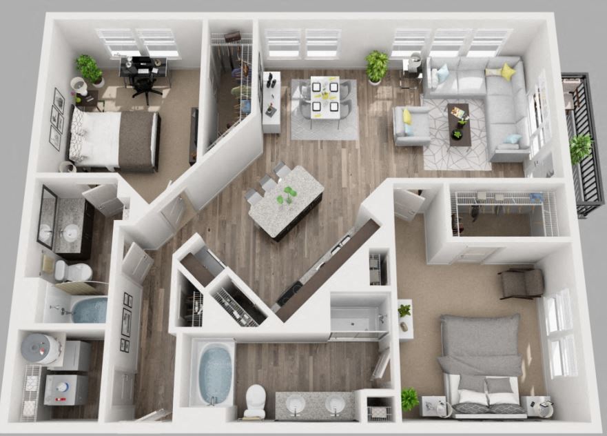 Floor plan for 2 beds, 2 baths, 1293 sqft